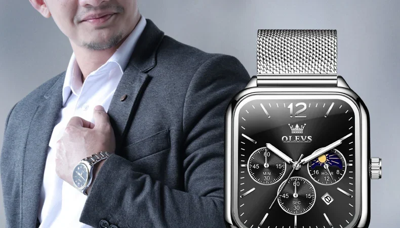 Olevs 9914 Herren uhren Original Mode Quarz Armbanduhr Mesh Gürtel wasserdicht leuchtende Mondphase Chronograph Datum reloj