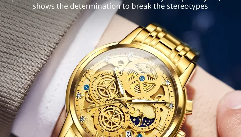 OLEVS Herrenuhren, Top-Marke, luxuriös, original, wasserdicht, Quarzuhr für Herren, Gold, Skelett-Stil, 24-Stunden-Tag, Nacht, neu