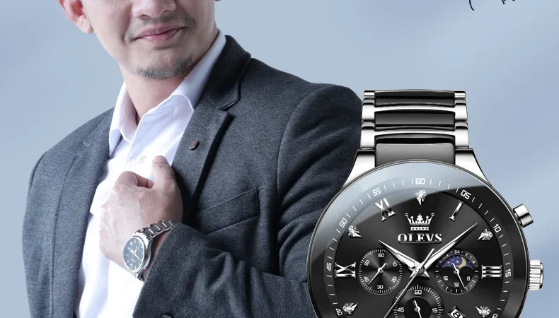 Olevs Herren uhren klassisches Modedesign Original Armbanduhr für Mann Chronograph Keramik armband wasserdichte leuchtende Mondphase