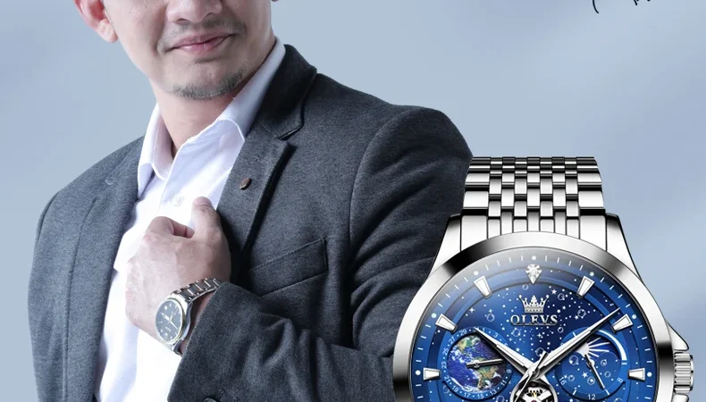 OLEVS Herrenuhren, klassische Mode, originelle automatische mechanische Uhr für Herren, hohles Schwungrad, Mondphasen-Zifferblatt, wasserdicht