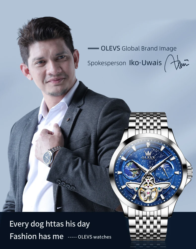 OLEVS Herrenuhren, klassische Mode, originelle automatische mechanische Uhr für Herren, hohles Schwungrad, Mondphasen-Zifferblatt, wasserdicht