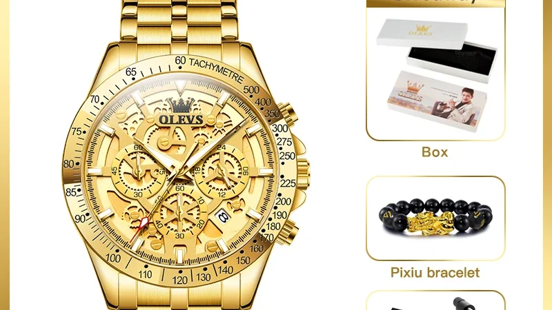 OLEVS Herrenuhren, goldfarben, luxuriös, ausgehöhlter Stil, Original-Quarzuhr für Herren, wasserdicht, leuchtender Chronograph, Datum, 24-Stunden