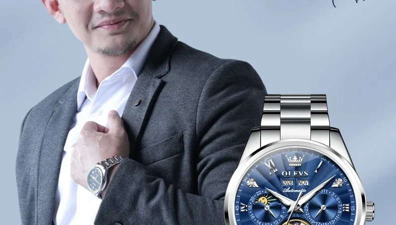 OLEVS 7028 Herrenuhren, Top-Luxusmarke, automatische mechanische Business-Armbanduhr, wasserdicht, Chronograph, Luxusuhr für Herren