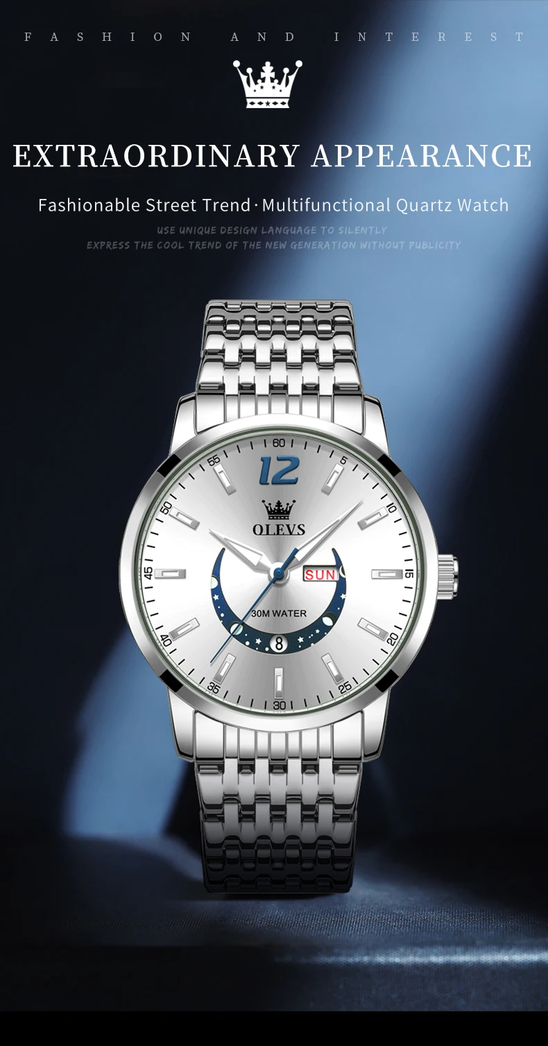 Olevs Herren uhren Modetrend Halbmond förmiges Zifferblatt Original Quarzuhr für Mann wasserdichte Edelstahl Datum Woche