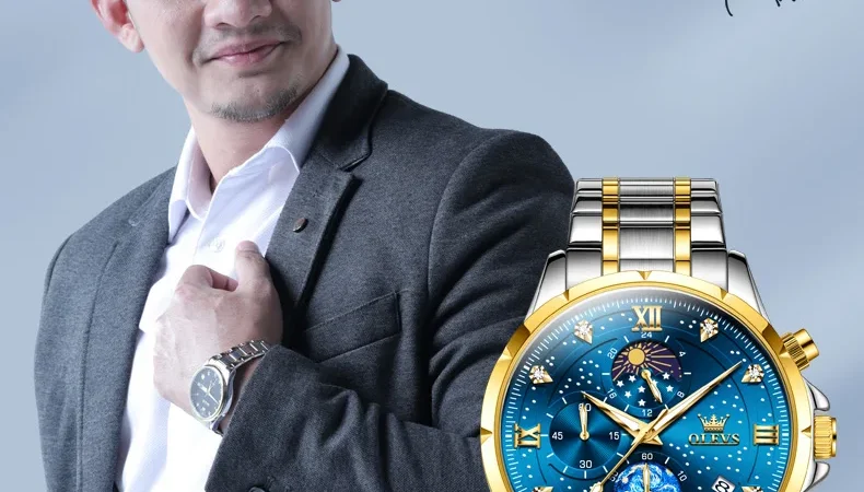 OLEVS Luxury Luminous Starry Sky Dial Men’s Watches Moon Phase Waterproof Original Quartz Watch for Male Wristwatch Chronograph