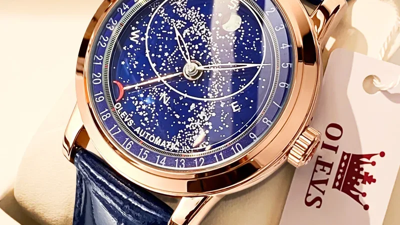 OLEVS herren Uhren Mondphase Automatische Mechanische Uhr für Mann Blau Leder Luxus Kleid Wasserdicht Leucht Armbanduhr