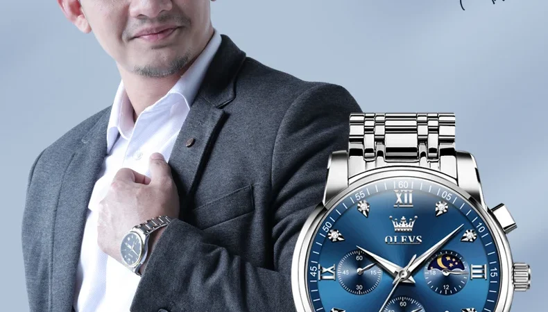 OLEVS Herrenuhren, klassische Mode, multifunktionaler Chronograph, Original-Quarz-Armbanduhr, wasserdicht, leuchtendes Mondphasen-Datum