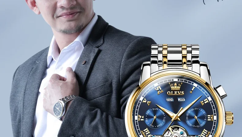 OLEVS herren Uhren Automatische Mechanische Business Armbanduhr Wasserdichte Edelstahl Armband Uhr für Mann Skeleton Kalender