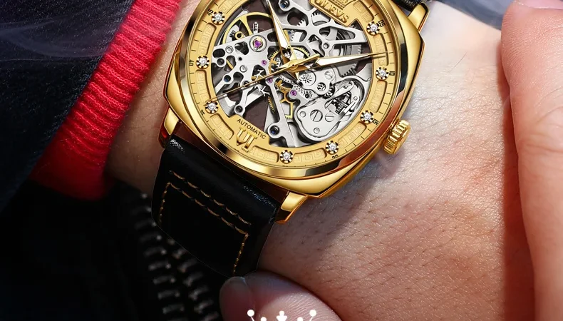 OLEVS Herrenuhren, Top-Marke, aushöhlen, automatische mechanische Armbanduhr, wasserdicht, leuchtendes Lederarmband, für Herrenmode