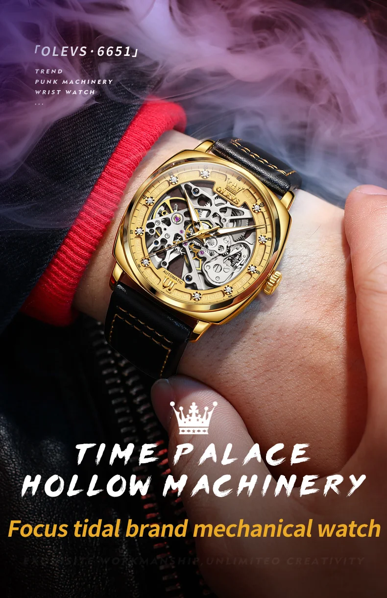 OLEVS Herrenuhren, Top-Marke, aushöhlen, automatische mechanische Armbanduhr, wasserdicht, leuchtendes Lederarmband, für Herrenmode