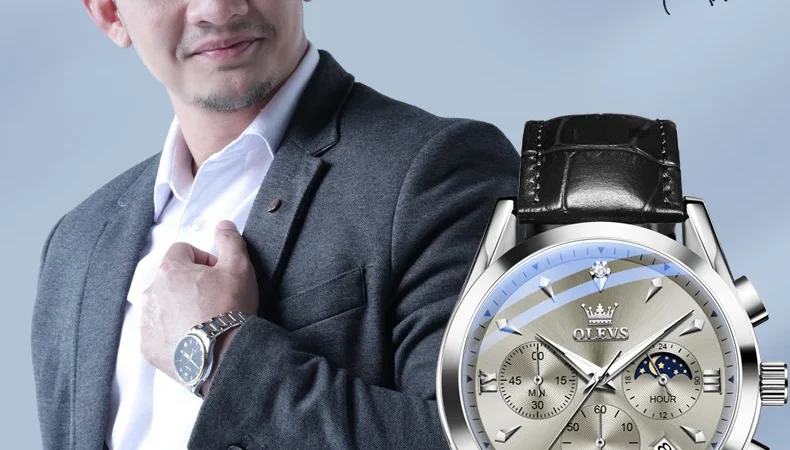 Olevs Herren uhren Casual Fashion Style Original Quarzuhr für Mann bequeme Leder armband wasserdichte leuchtende Mondphase