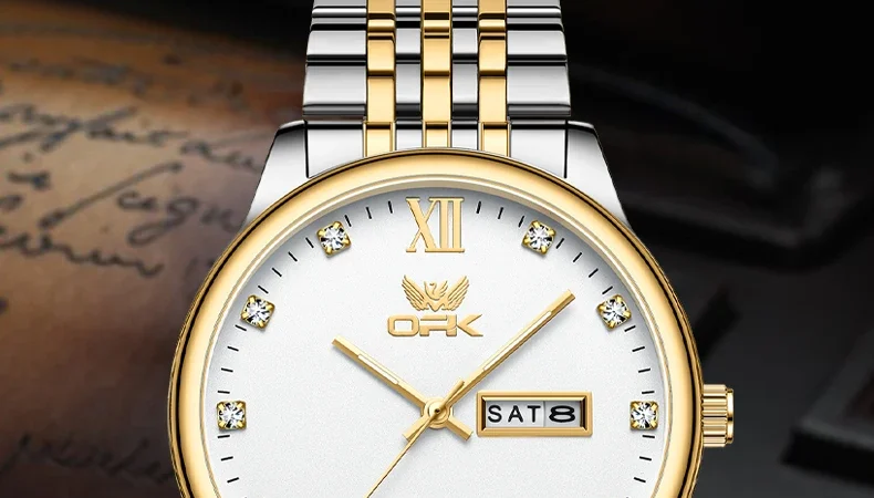 Opk 6033 Uhren für Männer Edelstahl Zirkon Skala Quarzuhr Datum Woche Armbanduhr wasserdicht leuchtend reloj hombre