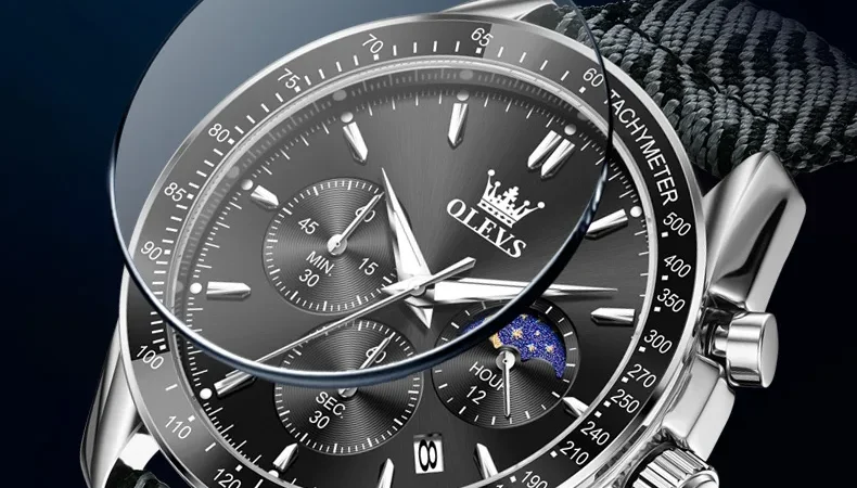 OLEVS 3630 Herrenuhr Marke Original Quarz Nylonarmband Uhr für Männer Mondphase Multifunktionale Chronograph Geschenke Reloj