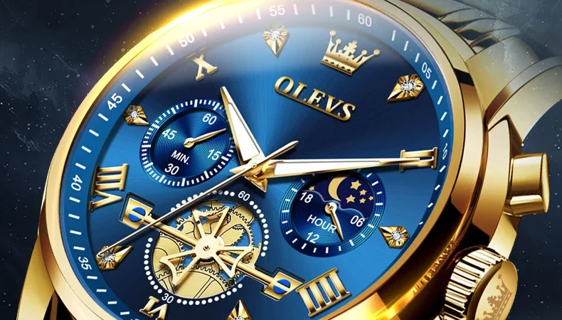 OLEVS Luxusmarke Herrenuhr Klassische römische Skala Schwungrad Design Mondphase Wasserdichte Quarzuhr für Männer Original 2856