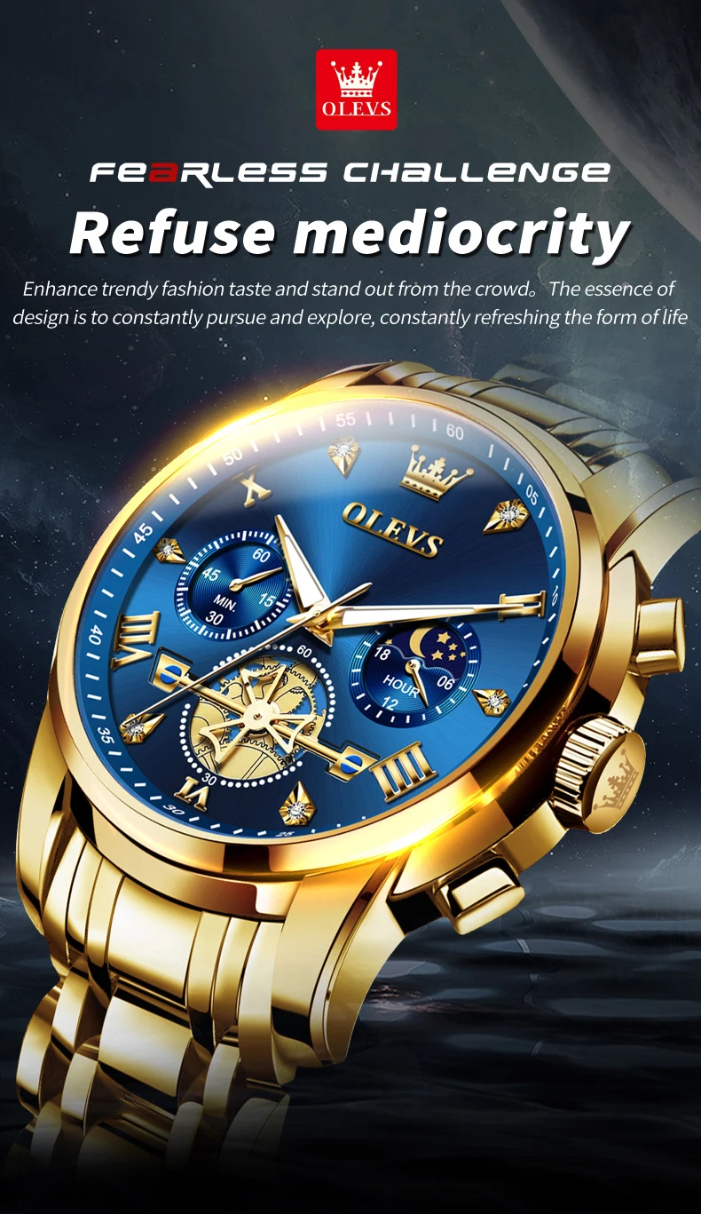 OLEVS Luxusmarke Herrenuhr Klassische römische Skala Schwungrad Design Mondphase Wasserdichte Quarzuhr für Männer Original 2856