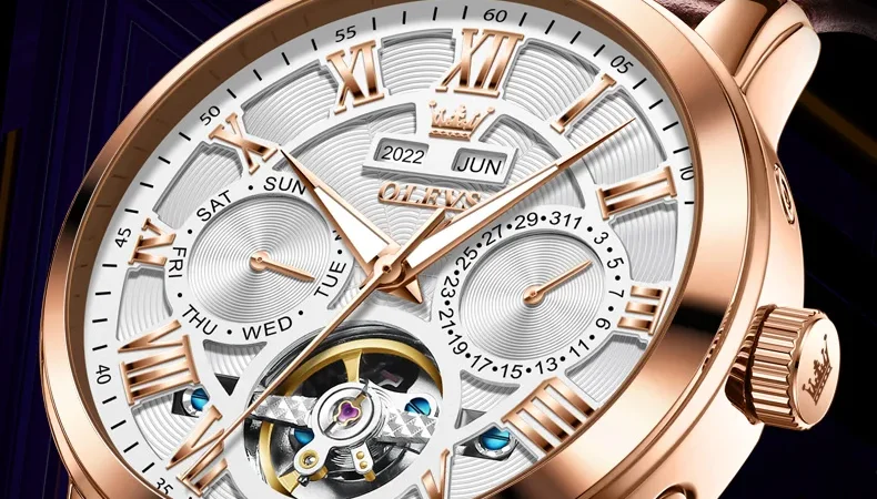 OLEVS Herrenuhren, klassisch, modisch, automatisch, mechanisch, Originaluhr für Herren, wasserdichtes Lederarmband, leuchtender Kalender