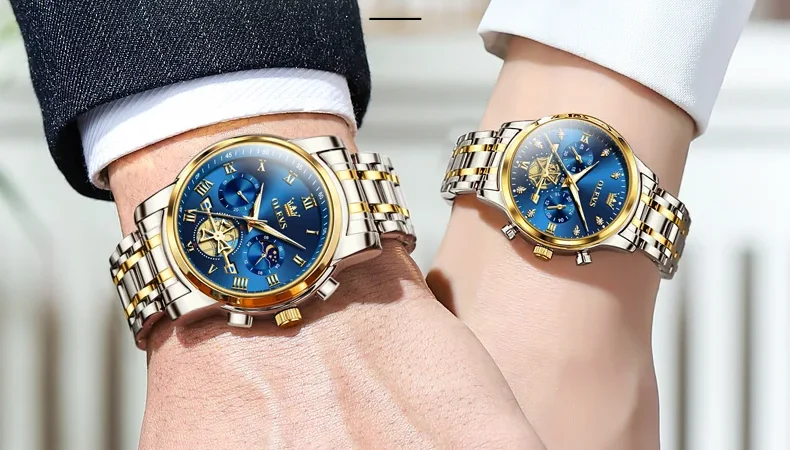 Olevs Luxusmarke Quarz Paar Uhr wasserdicht leuchtende Mondphase Timing-Code Uhr Liebhaber Datum Uhr sein oder ihr Uhren set