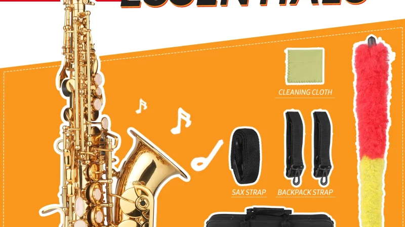 Bb Sopransaxophon Goldlack Messing Sax mit Instrumentenkoffer Mundstück Umhängeband Reinigungstuch Bürste für Musiker Anfänger
