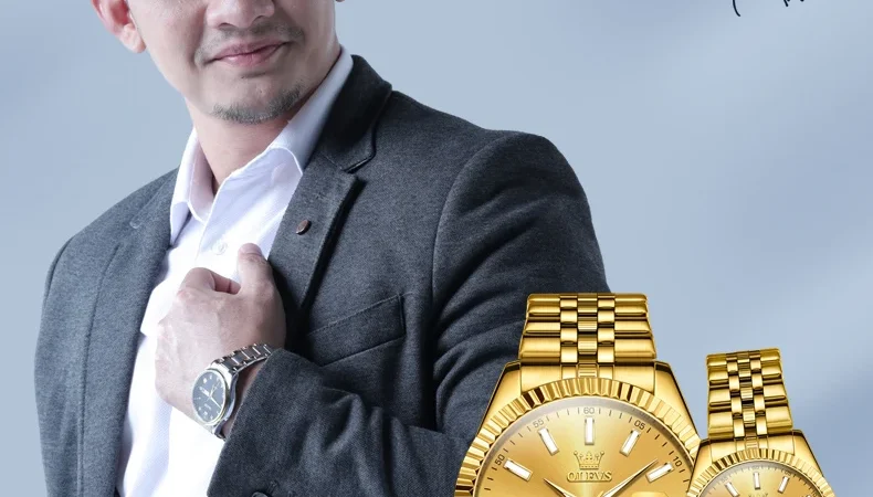 Olevs Paar Uhr Gold Edelstahl Armband Quarz Uhr sein und ihr Kalender romantischer Liebhaber Original Luxus männlich und weiblich