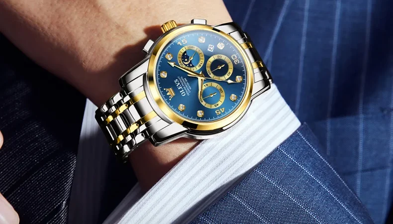 OLEVS herren Uhren Multifunktions Original Quarzuhr für Mann Wasserdichte Edelstahl Leucht Chronograph Mondphase Datum