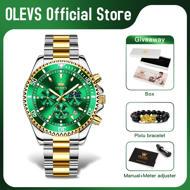OLEVS Herrenuhren Top-Marke Luxusuhr für Herren Original wasserdichter Edelstahl Chronograph Mondphase Datum Rota Zifferblatt