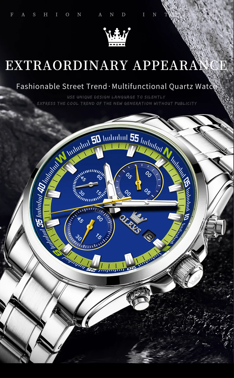 OLEVS Herrenuhren, lässig, modisch, Original-Quarzuhr für Herren, Edelstahl, wasserdicht, leuchtender Chronograph, Datum, 2023, Neu